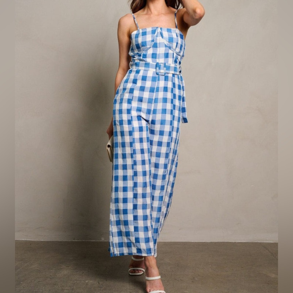 Blue and White Checkered Jumpsuit